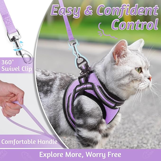 rabbitgoo Cat Harness and Leash Set for Walking Escape Proof, Adjustable Soft Kittens Vest with Reflective Strip for Cats, Comfortable Outdoor Vest, Light Purple, S