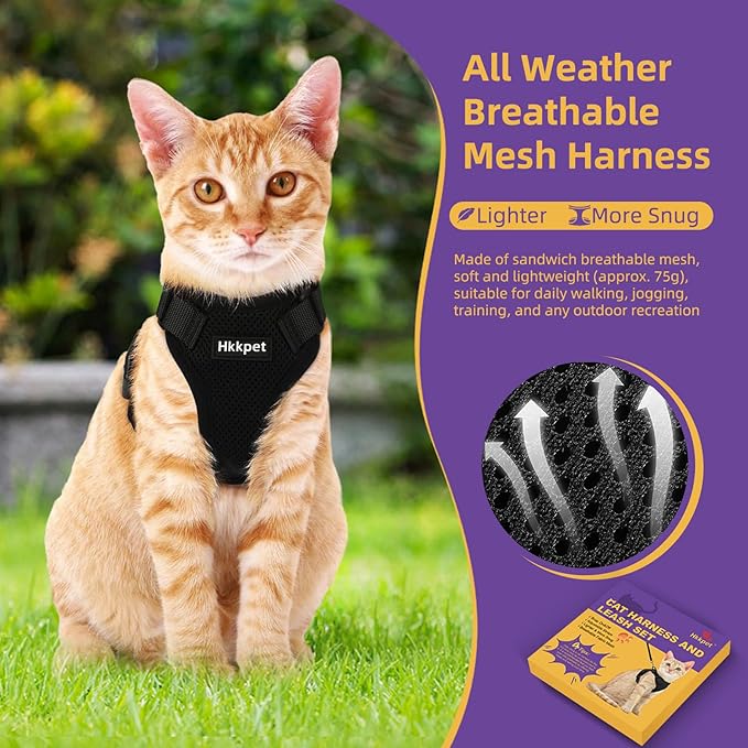 Adjustable Cat Harness and Leash Set for Outdoor Walking, Soft Breathable Mesh Cat Harness with Reflective Strips,Escape Proof Safe Cat Vest Harness, Black (S)