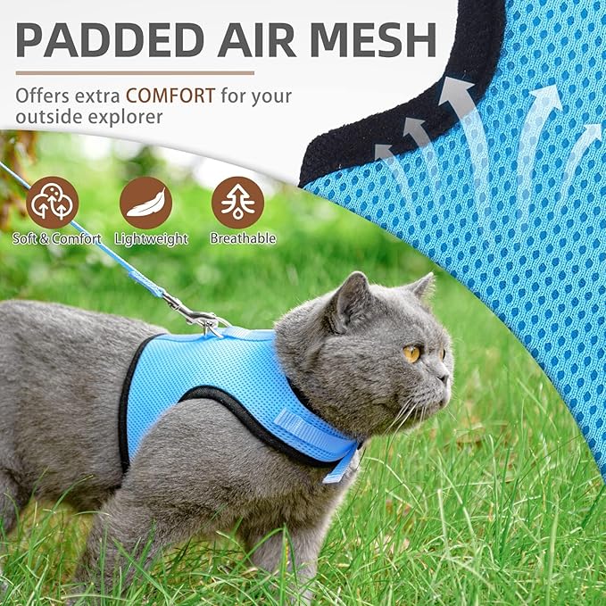 PUPTECK Soft Mesh Cat Vest Harness and Leash Set Puppy Padded Pet Harnesses Escape Proof for Cats Small Dogs, Blue Medium