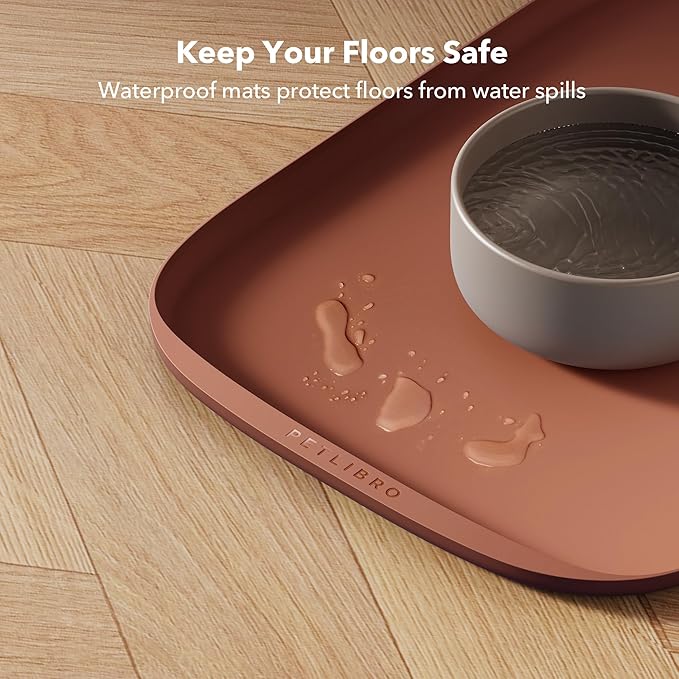 PETLIBRO Dog Food Mat, Safety Silicone Cat Food Mat for Feeder & Fountain, Waterproof Dog Bowl Mats, Raised Edge Spill Protection Floor, Cove Feeding Mat for Pet (Coral, 22'' x 16.5'')