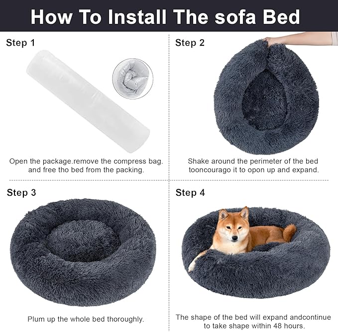 Dog Bed Calming Dog Beds for Small Medium Large Dogs - Round Donut Washable Puppy Dog Bed, Anti-Slip Faux Fur Fluffy Donut Cuddle Anxiety Cat Pet Bed(24" Dark Grey)
