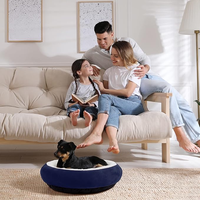 Love's cabin Round Donut Cat and Dog Cushion Bed, 20in Pet Bed for Cats or Small Dogs, Anti-Slip & Water-Resistant Bottom, Super Soft Durable Fabric Pet beds, Washable Luxury Cat & Dog Bed Navy Blue