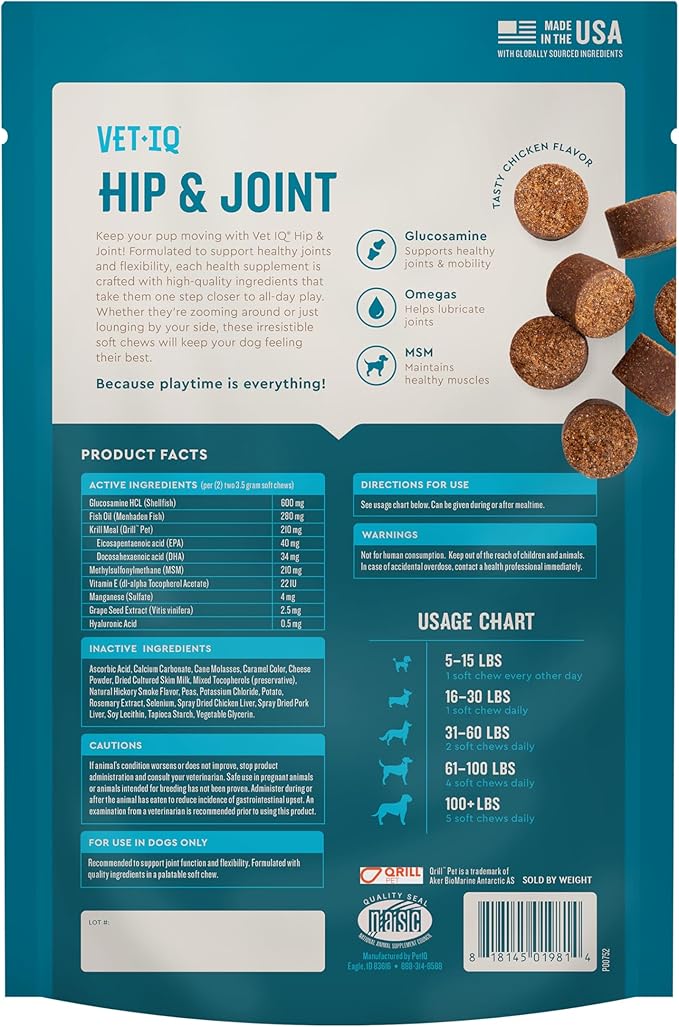 VetIQ Glucosamine Hip & Joint Supplement for Dogs, 60 Soft Chews, Dog Joint Support Supplement with MSM and Krill, Dog Health Supplies Large & Small Breed, Chicken Flavored Chewables