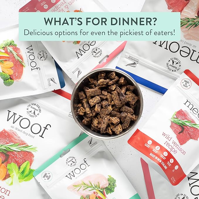 Meow Air Dried Cat Food - Venison Recipe, High Protein Dry Cat Food, Use as a Complete Diet, Topper, Mixer, or as Cat Training Treats, All Life Stages,3.5 oz