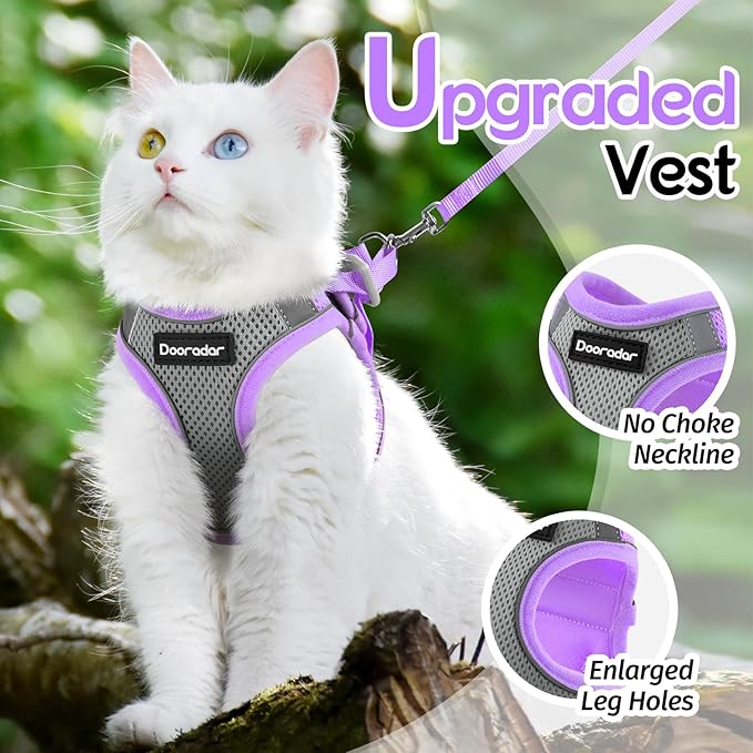 Dooradar Cat Harness and Leash Set, Escape Proof Lightweight Kitten Harness, Soft Breathable Reflective Vest for Outdoor Walking Traveling, Adjustable for Large Cats, Grey & Purple, L