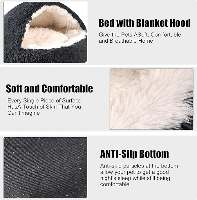 HYQ Dog Bed for Small Dogs, Cozy Cat Cave Bed, Cat Beds for Indoor Cats Washable, Non-Slip Cat Beds, Calming Dog Bed with Hooded Cover, Dog Bed with Cover for Small Medium Pets(Dark Grey, 24×24 Inch)
