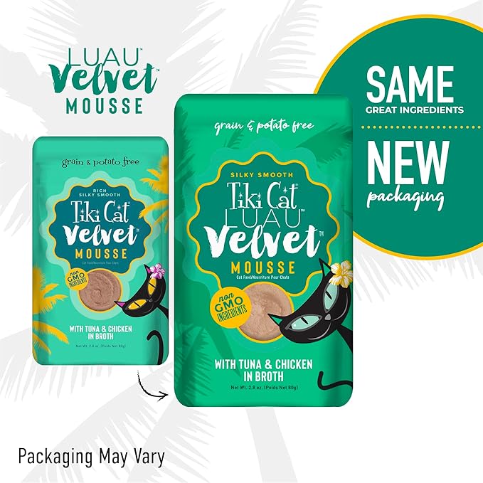Tiki Pets Tiki Cat Velvet Mousse Grain-Free Wet Food with a Silky-Smooth Texture for Adult Cats & Kittens, 2.8oz, 12pk, Tuna & Chicken, 48005