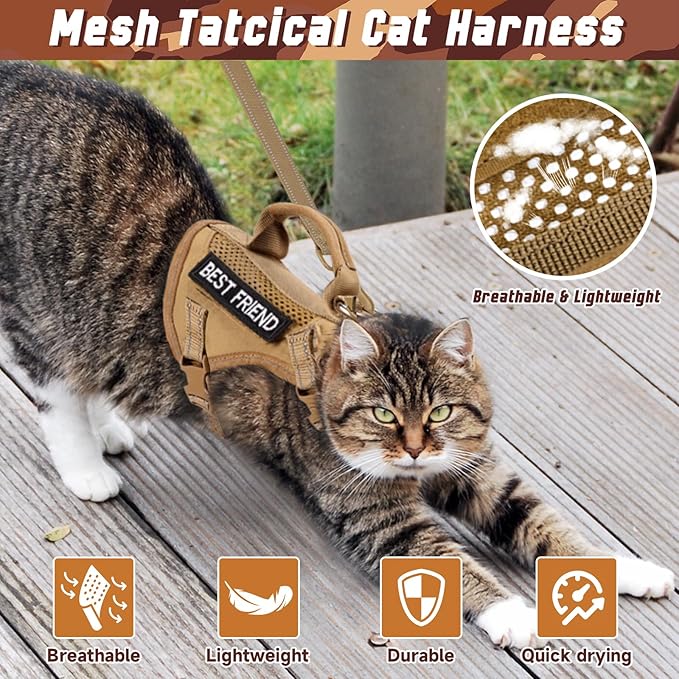 Tactical Cat Harness and Leash, Air Mesh Cat Walking Vest Harness Escape Proof, Reflective Large Cat Harnesses with Handle for Adult Fat Cats (AKhaki, L)