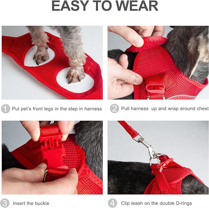 PetiFine Step in Small Dog Harness and Leash Set, Breathable All Weather Air Mesh Reflective Escape Proof, Step-in Vest Harnesses for Puppy(S, Red)