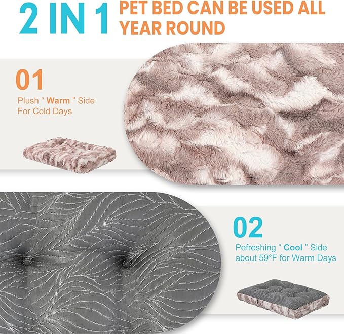 2 in 1 Dog Bed Crate Pad Mat Washable Reversible (Cool & Warm) Soft Fluffy Pet Kennel Beds for Large Medium Small Puppy Cat Sleeping Mattress Machine Wash Dog Cooling Mats (Dot Brown, 35" 23")
