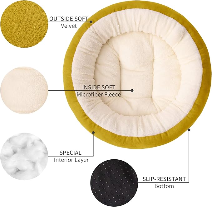 Love's cabin Yellow Round Donut Cat Bed, 20x20in, Soft Durable Fabric, Anti-Slip Water-Resistant, Washable Pet Bed