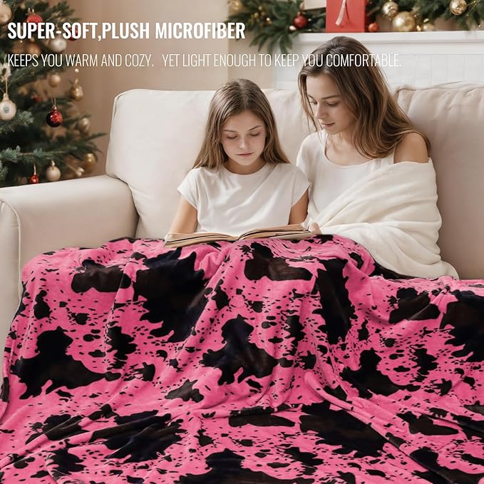 Hot Pink Cow Blanket Flannel Fleece Throw Blanket Soft Cozy Black Cow Print Blankets for Bed Couch Sofa 50x60 inch