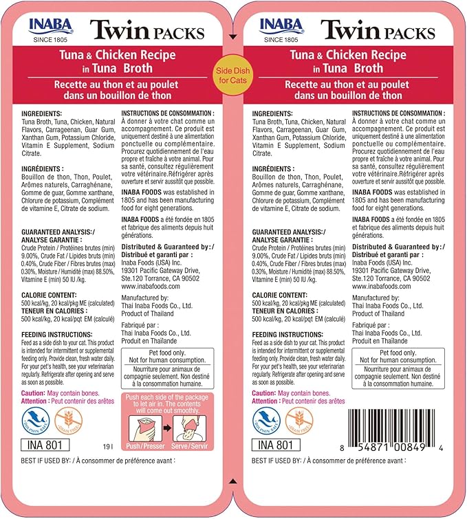 INABA Twin Packs for Cats, Shredded Chicken & Broth Gelée Side Dish/Topper Pouch, 1.4 Ounces per Serving, 16 Servings, Tuna & Chicken Recipe in Tuna Broth