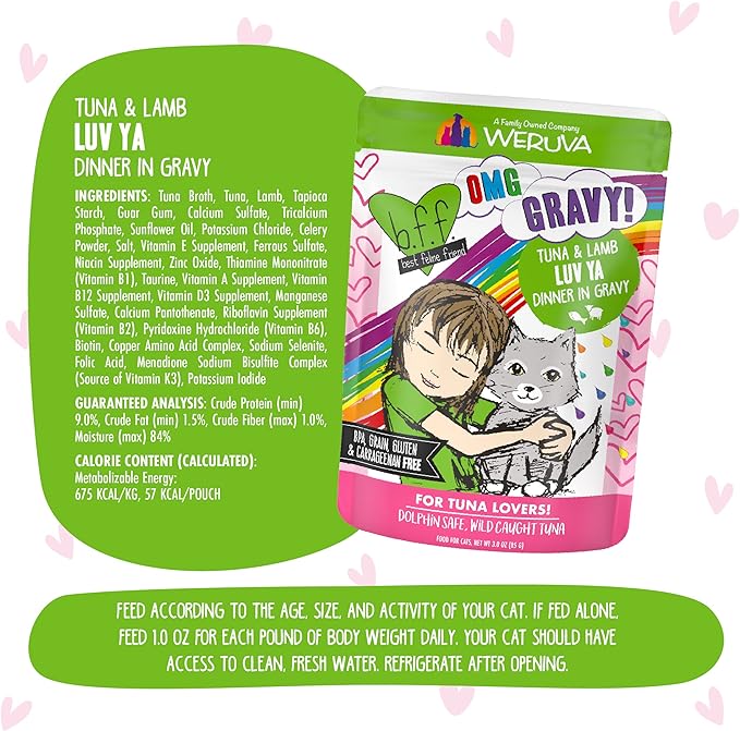 Weruva B.F.F. OMG - Best Feline Friend Oh My Gravy!, Tuna & Lamb Luv Ya with Tuna & Lamb in Gravy Cat Food, 3oz Pouch (Pack of 12)
