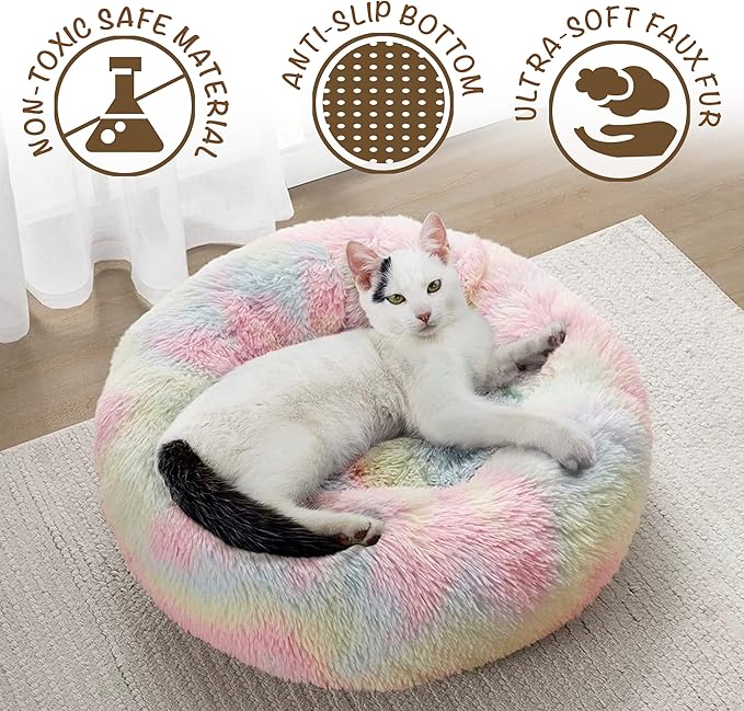Friends Forever Donut Dog Bed Faux Fur Fluffy Calming Sofa For Large Dogs, Soft & Plush Anti Anxiety Pet Couch For Dogs, Machine Washable Coco Pet Bed with Non-Slip Bottom, 36"x36"x8" Rainbow