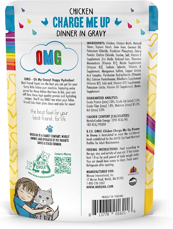 Weruva B.F.F. OMG - Best Feline Friend Oh My Gravy!, Chicken Charge Me Up with Chicken in Gravy, 2.8oz Pouch (Pack of 12)