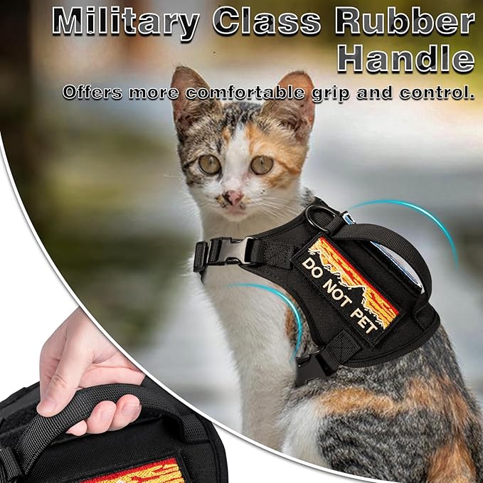 Tactical Cat Harness for Walking, Adjustable Escape Proof Pet Vest for Large Cat,Easy Control Breathable Cat Vest with Handle,Molle Patches (Black, L)