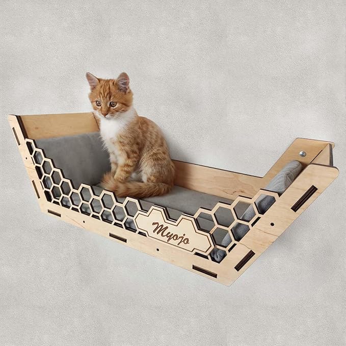 Cat Shelves Hammock for Wall Climbing and Cat Bed,Cat Wall Furniture Set with 3 Scratching Steps and Washable Bed Mat,Cat Shelf for Wall-23.7x10.7x7.5 inches