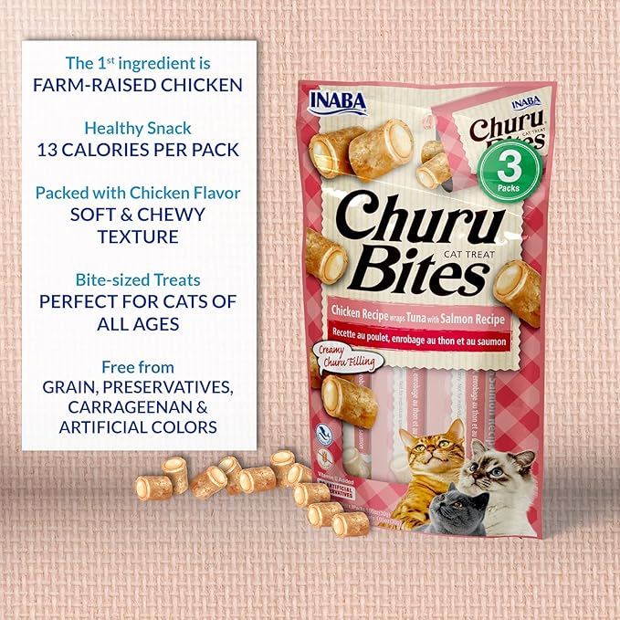INABA Churu Bites for Cats, Soft Baked Chicken Churu Filled Cat Treats with Green Tea Extract, 0.35 Ounces Each Tube, 9 Tubes Total, Tuna with Scallop Recipe