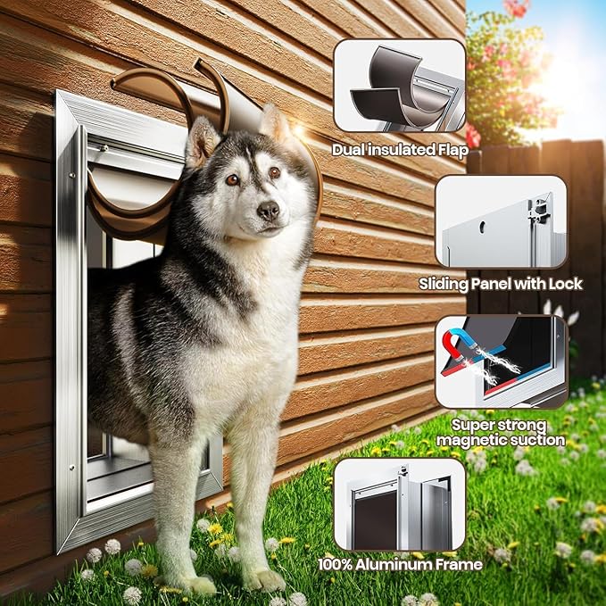 Dog Door for Wall, Doggy Door Large, Heavy Duty Pet Door, All Aluminum Alloy Frame, Double Magnetic Flaps, Energy Efficient, Wide Telescoping Tunnel for Wall, Sliding Lock Panel (Pets Up to 110 Lb)