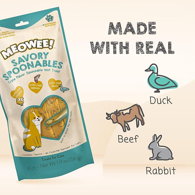 Savory Spoonables with Real Chicken, Salmon & Duck, 4 Count Tube, Triple Flavor Squeezable Lickable Wet Treats for Cats with Built-in Spoon for Less Mess