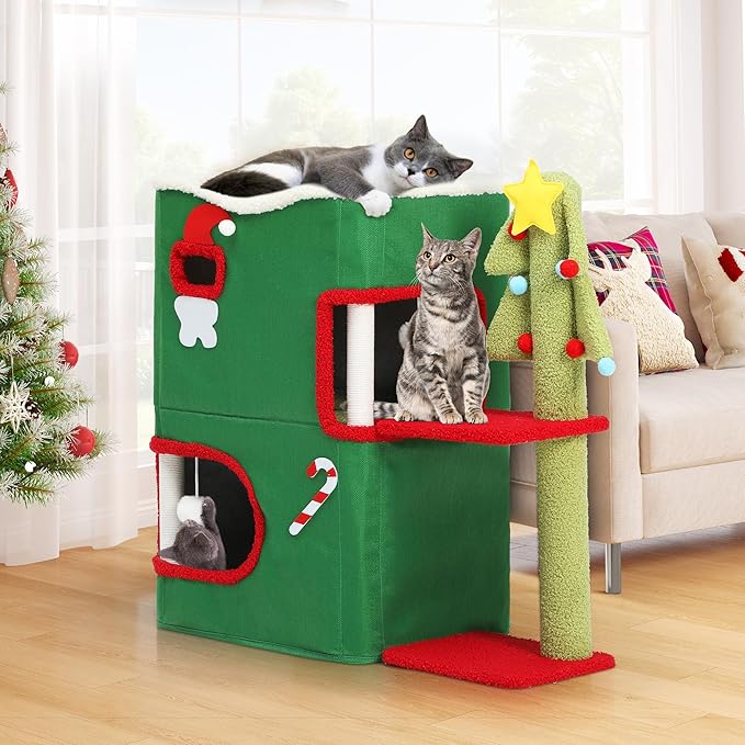 YITAHOME Christmas 2-Tier Cat House, Indoor Cat Cave Bed Playhouse, Covered Cat Beds & Furniture with Scratch Pad and Hideaway Cave,Christmas Cute Modern Cat Condo Furniture for Multi Small Cats