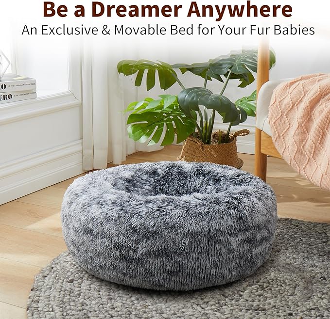 Calming Dog Bed for Cats and Small Dogs, Donut Washable Small Cat Bed for Indoor Cats and Dogs, Anti-Slip Round Fluffy Plush Faux Fur Pet Bed for Small Cats and Dogs (Black White, 19.7'')