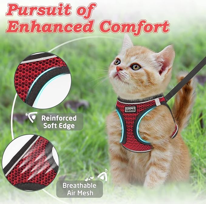 Cat Harness and Leash for Walking Escape Proof, Adjustable Kitten Vest Harness Reflective Soft Mesh Puppy Harness for Outdoor, Comfort Fit, Easy to Control (Red, M)