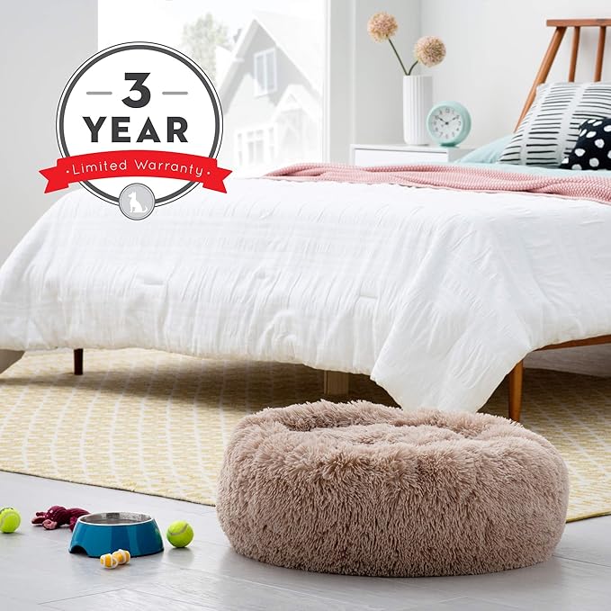 Brindle Donut Cuddler Pet Bed - Calming Anti-Anxiety Dog and Cat Bed - Plush Cozy and Washable Bed - Ergonomic Support, Large, Taupe