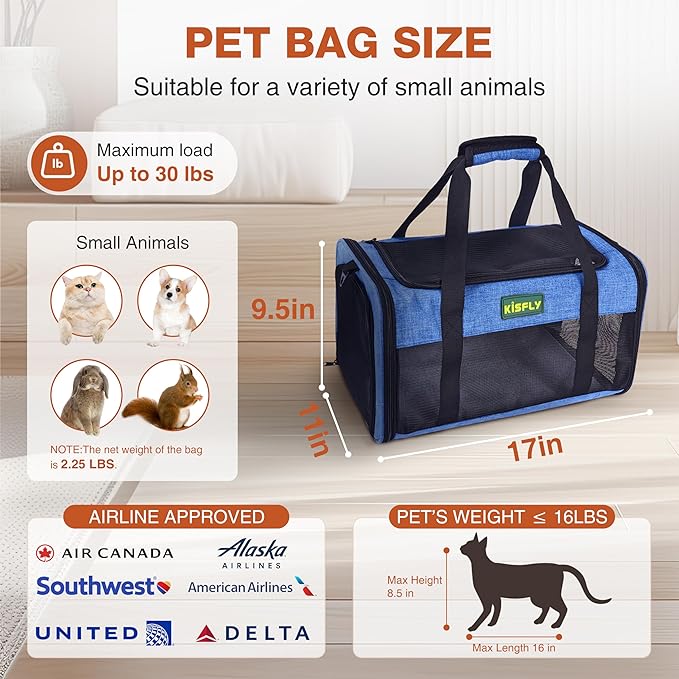 TSA Approved Pet Carrier in Cabin 17 x 11 x 9.5 inches, Small Dog Airline Approved Carrier Up to 16 Lbs, Cat Carrier Soft, Bunny Cat Puppy Travel Carrier, Airline Pet Carrier Under Seat, Blue