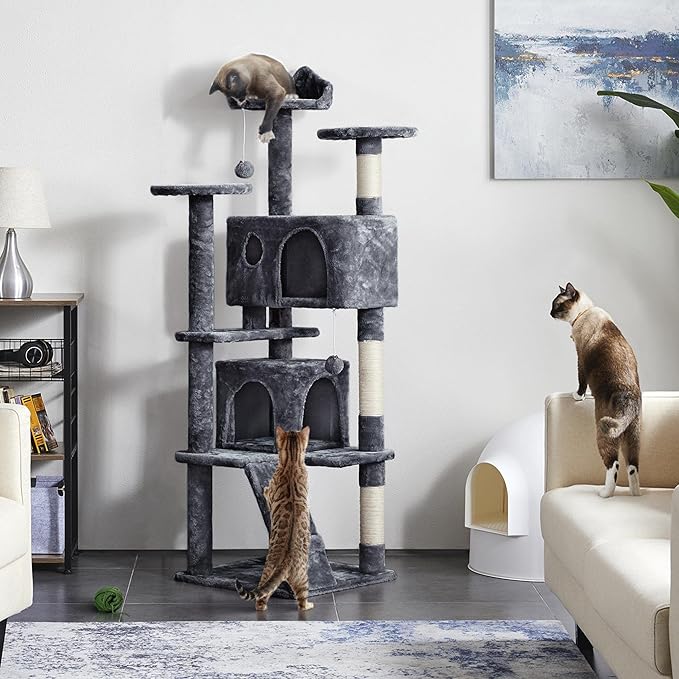 Yaheetech 62in Cat Tree Cat Tower for Indoor Cats, Cat Furniture w/Double Cat Condo, Scratching Posts, Multiple Platforms and Balls for Kittens & Cats, Dark Gray