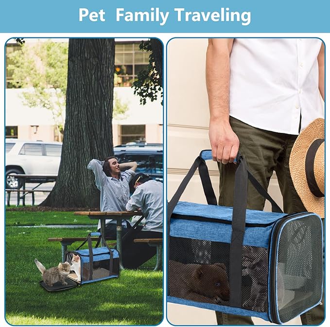 Large Cat Carrier 20lbs - Pet Carrrier Bag - Soft Sided Breathable Mesh Pet Travel Carrier for Dogs, Portable Top Loading Big Cat Carrier for 2 Cats, Folding Dog Soft-Sided Carrier, Blue