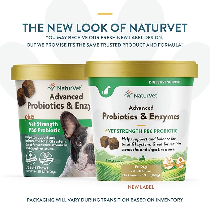 NaturVet Advanced Probiotics and Enzymes Supplement, Plus Vet Strength PB6 Probiotic, Soft Chews, Made in The USA with Globally Source Ingredients 70 Soft Chews