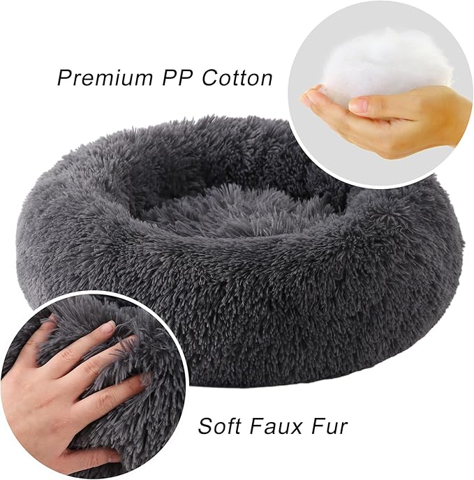 Calming Dog Bed, Dog Beds Fits up to 40 lbs Pets, Fluffy Donut Dog & Cat Bed Washable, Round Anti Anxiety Dog Bed, Small Dog Bed with Non-Slip Bottom (Dark Grey, 28" x 28")
