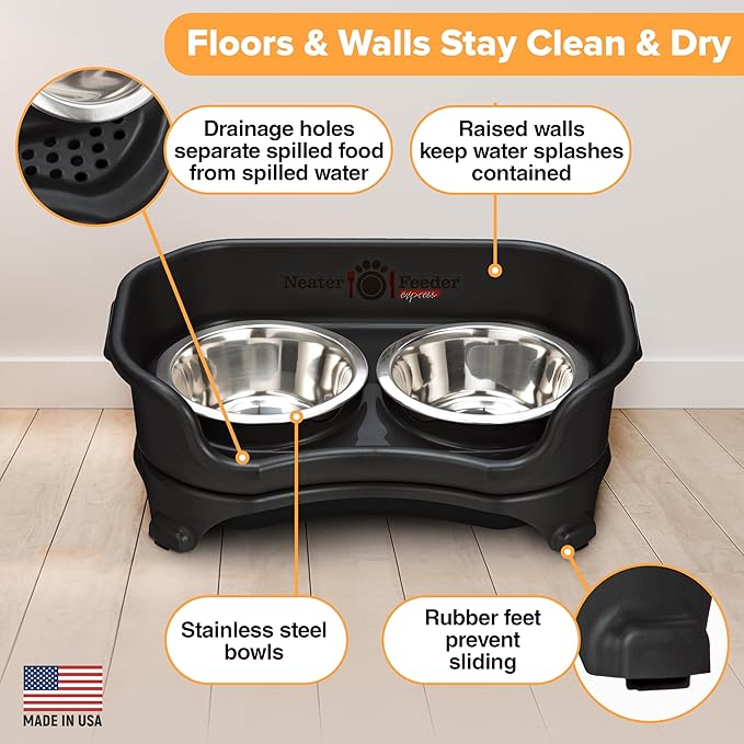 Neater Feeder Express Mess Proof Dog Bowls Elevated for Small Dogs – Made in USA – No Spill Raised Dog Food Bowl Stand, Stainless Steel Dog Food and Water Bowl Set, Elevated Dog Bowl Set, Black