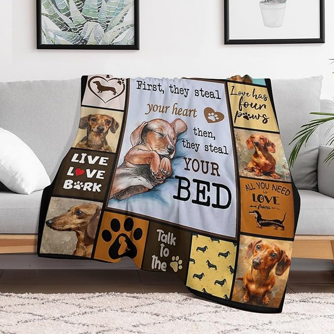 Dog Print Blanket Cute Dachshund Throw Blankets for Couch Sofa Bed Stuff Decor Lightweight Soft Cozy Fleece Plush Warm Flannel Bedding Blanket Gifts for Baby Girls Boys Kids Adults 50"x60"