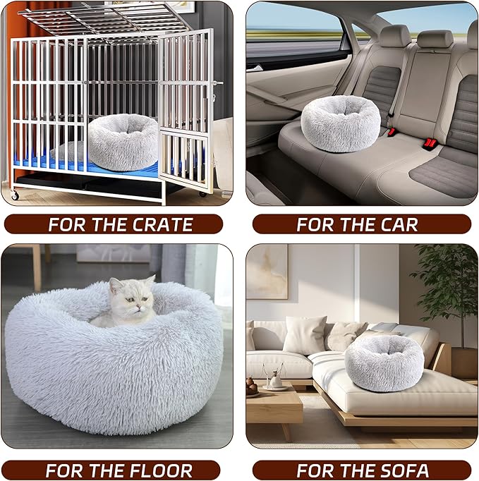 Calming Dog Bed for Large Cats and Dogs, Donut Washable Cat Bed for Indoor Cats and Dogs, Anti-Slip Round Fluffy Plush Faux Fur Pet Bed for Medium Cats and Dogs (Grey, 23.5')