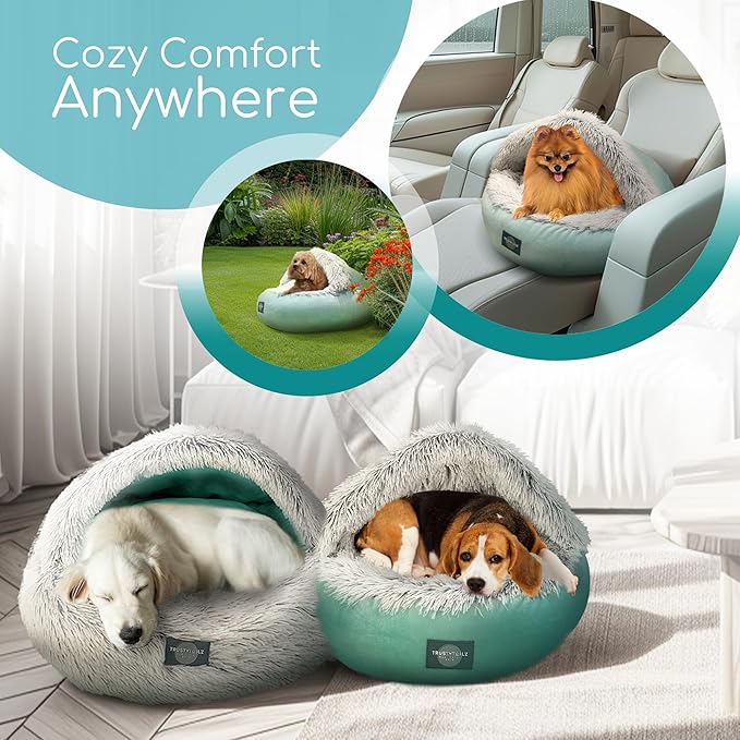TrustyTailz Cozy Cave Dog Bed and Cat Cave Bed with Hooded Cover, Snap-in Frame, Washable and Removeable, Plush Grey Fluffy Cover Indoor Cats or Small Dog Beds, Non-Slip Base (Small)
