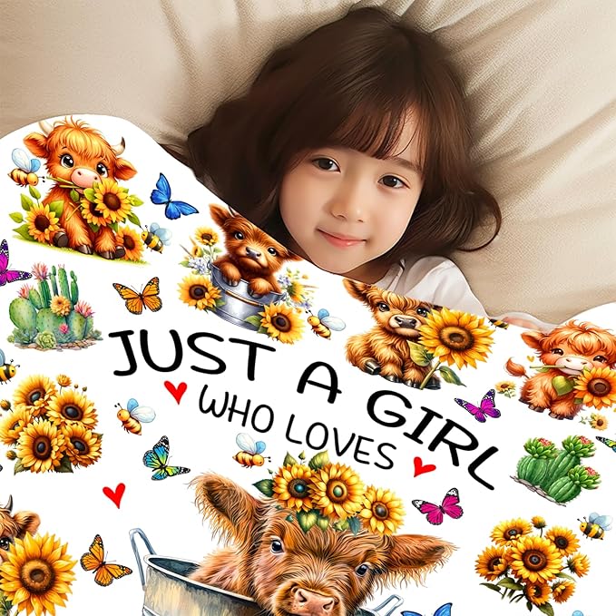 Highland Cow Gifts Sunflower Highland Cow Print Blanket Throw Plush Stuff Cute Animal Butterfly Gifts for Girls Kids Women Adults Highland Cow Lovers Birthday Decorations 50"X40"