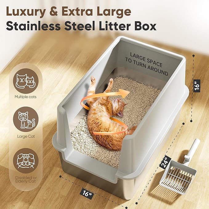 16" High Sides Stainless Steel Litter Box with Lid, XL XXL Extra Large Enclosed Metal Litter Box for Big Cats & Kitty, Never Absorbs Odors, Non-Sticky, Anti-Urine Leakage, Easy Cleaning