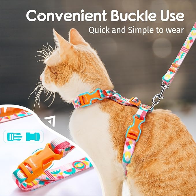 Dooradar Cat Harness and Leash, Escape Proof Adjustable Kitten Vest, Lightweight Soft Pet Straps, Easy Wearing for Small Medium Kitty Safe Walking Travel Control, Rainbow, M