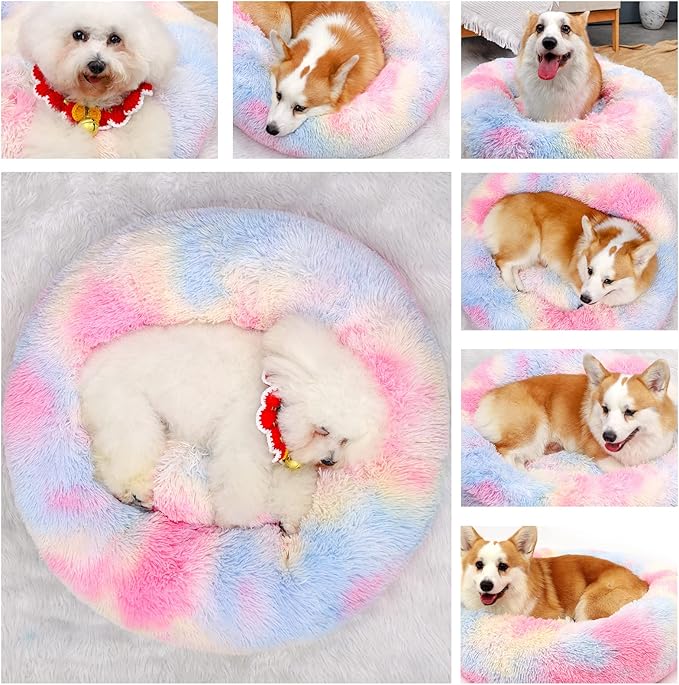 Dog Bed Calming Dog Beds for Small Medium Large Dogs - Round Donut Washable Puppy Dog Bed, Anti-Slip Faux Fur Fluffy Donut Cuddle Anxiety Cat Pet Bed(36'' Color)