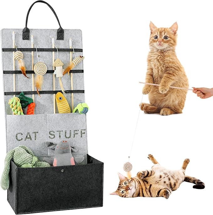 MABOZOO Cat Toy Storage Organizer for Wand Toys,Durable Pet Storage Box with Handle Cat Feather Toy Storage Hanging Bag for Neatly Organizing Teaser Wand Toys(Dark Grey)