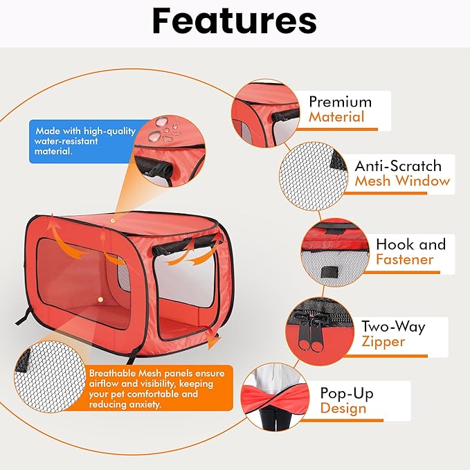 Beatrice Home Fashions Portable, Collapsible, Pop Up Kennel Travel Cat and Dog Crate, 32.5" L x 19.5" W x 19.5" H, Red