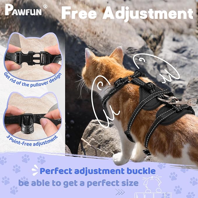 Fully Escape Proof Cat Harness and Leash Set for Walking, Adjustable Soft Kitten Vest with Reflective Strip for Small Medium Large Adult Cats, Breathable Kitty Harness,Black M