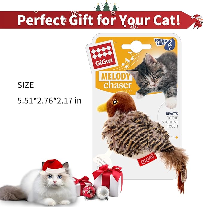 PETGEEK GiGwi Chirping Bird Cat Toys Realistic Bird Plush Toy - Perfect Melody Chaser Cat Toys for Bored Indoor Adult Cats, Best Gift for Birthday, Thanksgiving, Christmas, New Year