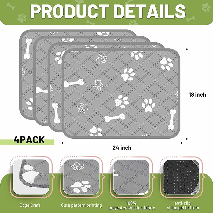 PatiencET Washable Pee Pads for Dogs, 18'' x 24" Reusable Puppy Pads with Super Absorbent, 4 Pack Puppy Potty Pads with Waterproof Bottom for Pet Training, Housebreaking and Incontinence