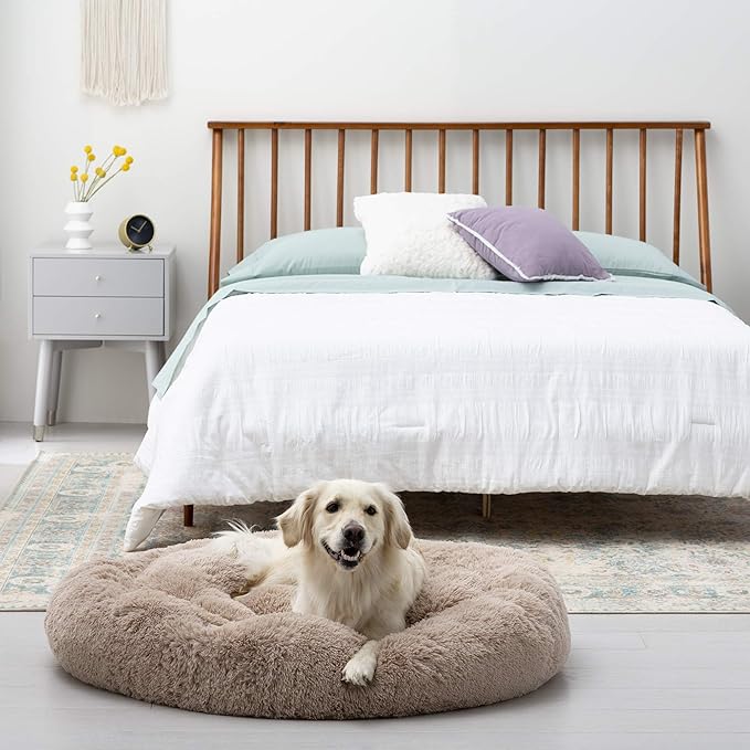 Brindle Donut Cuddler Pet Bed - Calming Anti-Anxiety Dog and Cat Bed - Plush Cozy and Washable Bed - Ergonomic Support, Large, Taupe