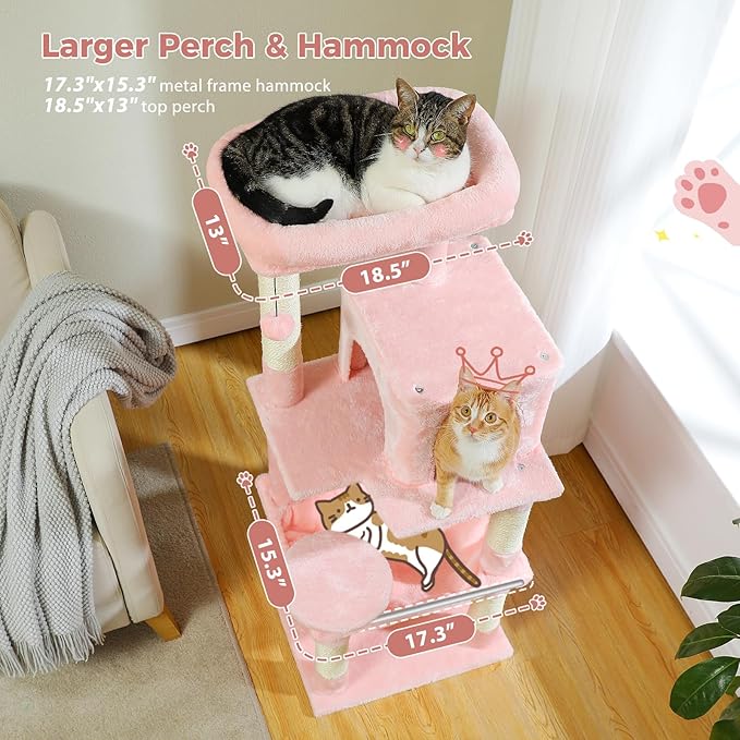 PETEPELA 56.3'' Tall Cat Tree for Indoor Cats, Multi-Level Cat Tower with Super Large Hammock (20''X16''), Sisal Covered Scratching Posts, Cozy Condo and Top Perch,Pink