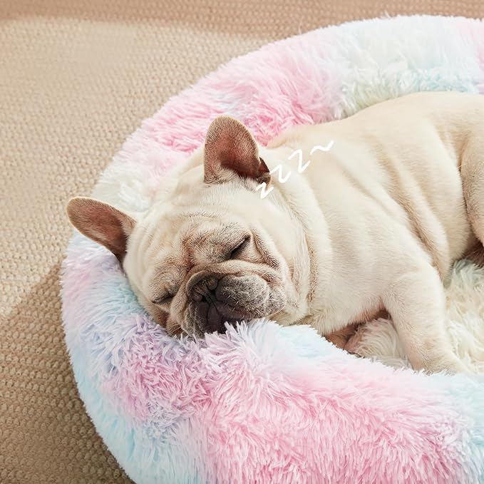 Love's cabin 24in Cat Beds for Indoor Cats - Cat Bed with Machine Washable, Waterproof Bottom - Fluffy Dog and Cat Calming Cushion Bed for Joint-Relief and Sleep Improvement, Rainbow